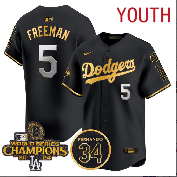 Youth  MLB Los Angeles Dodgers #5 Freeman black 2024 World Series Champions Patch Limited Jersey